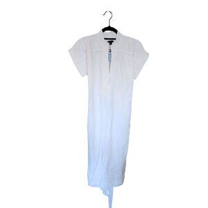 Ann Taylor Womens Short Sleeve White Midi Dress With Tie Back & Mandarin Collar